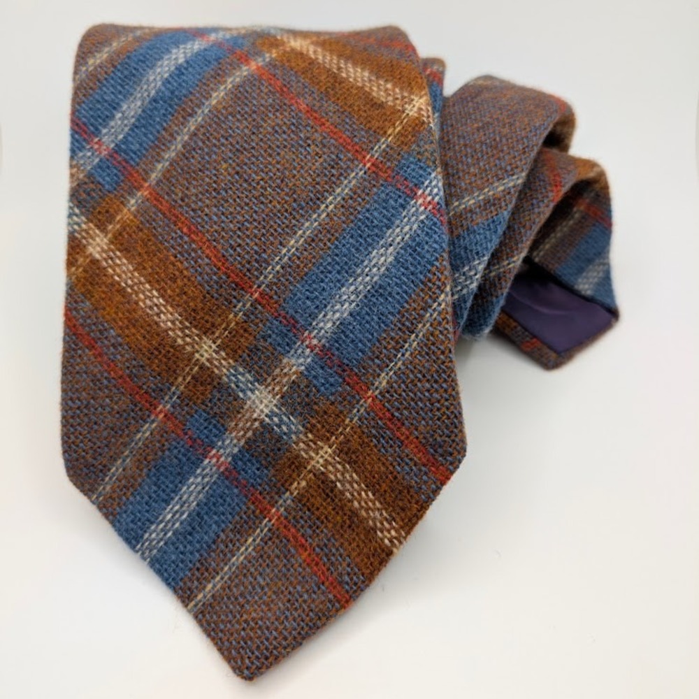 Vintage Wool Plaid Necktie Mens Wide Brown Blue Made in Great Britain 4"W x 55"L
